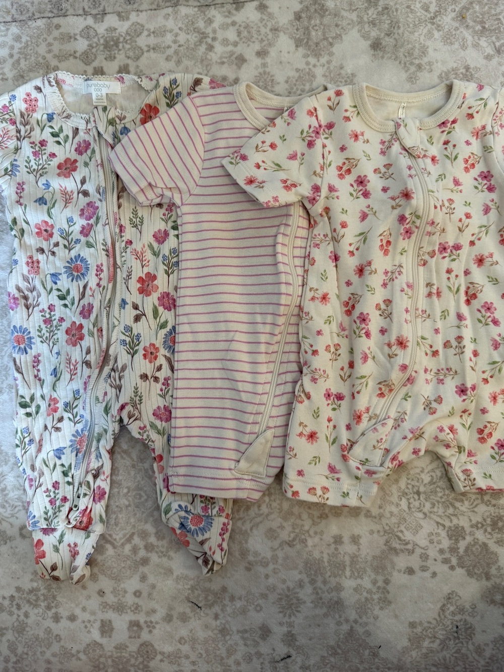 Purebaby Floral & Pink Stripe Baby Footies Set Short Sleeve 100% Organic Cotton